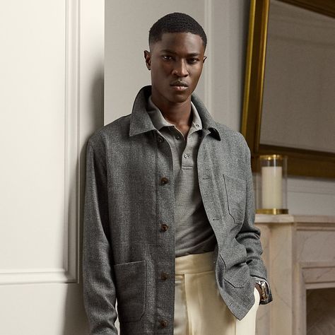 Hand-tailored in Italy this layer draws inspiration from classic French chore jackets with its utilitarian silhouette. Its herringbone cloth was woven exclusively for Ralph Lauren using a luxurious blend of fine linen mulberry silk and cashmere. Herringbone Jacket Mens, Lauren Burnham, Sweatpants And Sweater, Wimbledon Fashion, Herringbone Jacket, Purple Label, Ralph Lauren Purple Label, Chore Jacket, Ralph Lauren Collection