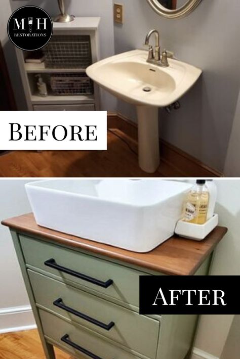 Half Bath Makeover, Dresser Vanity Bathroom, Home Maintenance Tips, Halloween Decorations Diy, Side Table Makeover, Bath Makeover, Diy Bathroom Makeover, Bathroom Vanity Makeover, Diy Bathroom Vanity