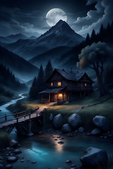 #houseinmountains #magicnight #moonlitnight #BobiloArt Eraser Art, Beautiful Paintings Of Nature, Mountain Villa, Amoled Wallpapers, Under The Moonlight, Gothic Wallpaper, Iphone Wallpaper Hd Nature, View Wallpaper, Whatsapp Wallpaper