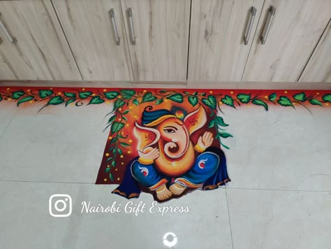 Housewarming Deco Part 1 Ganesha Rangoli #ganesharangoli #ganpatifestival #chaturthi 🌺🌺#HousewarmingRangoli #ShreeGaneshaBlessings #PeacockRangoli #LotusDecor #HomeDecorInspiration #TraditionalElegance #RangoliDesigns #SerenityAndProsperity #HomeSweetHome #NewBeginnings #VibrantDecor #CulturalArtistry Anamika's Rangoli, Digital Rangoli Designs, Rangoli Designs Of Ganesha, Vastushanti Rangoli, Ganpati Poster Rangoli, Rangoli Competition Ideas, Ganesha Rangoli Design Simple, God Rangoli Design, Creative Rangoli Designs For Competition