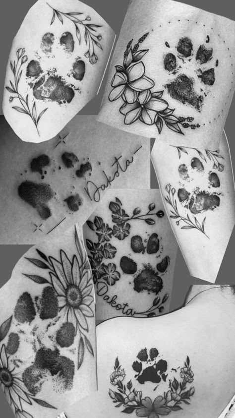 Dog Paw Tattoos, Paw Tattoos, Dog Pawprint Tattoo, Botanical Tattoos, Memorial Tattoo Designs, Pet Memorial Tattoo, Maching Tattoos, Sunflower Tattoo Sleeve, Line Tattoo Ideas