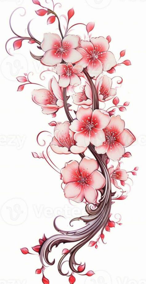 Koi Sakura Tattoo, Japanese Cherry Blossom Tattoo Stencil, Sakura Flowers Tattoo, Japanese Cherry Blossom Tattoo Design, Japanese Sakura Tattoo, Cherry Blossom Tattoo Stencil, Asian Flower Tattoo, Cherry Blossom Arm Tattoo, Plum Blossom Tattoo