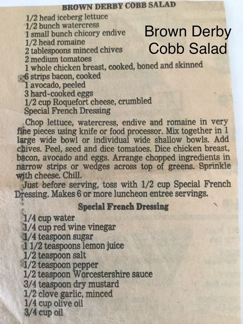 Brown Derby Cobb Salad Brown Derby Salad Dressing, Brown Derby Recipes, Catalina Salad Recipe, Brown Derby Cobb Salad, Cobb Salad Dressing Recipe, Smokey Blonde, Cobb Salad Dressing, Derby Recipe, Salad Dressing Recipes Healthy