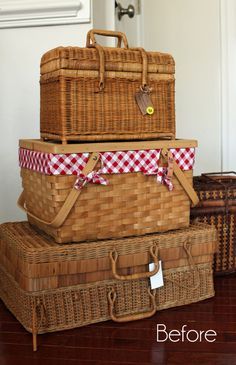 Wicker Picnic Basket Repurposed, Decorating With Picnic Baskets, Picnic Basket Makeover, Sleeves Tutorial, Painting Baskets, Basket Makeover, Vintage Picnic Basket, Painted Baskets, Treat Myself