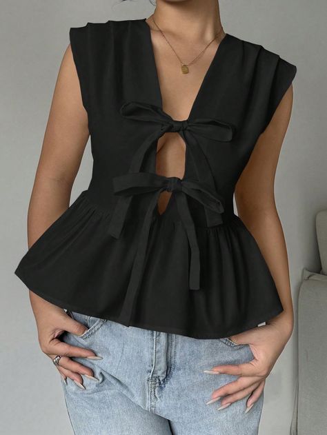 1pc Elegant Solid Color Wrap Front Sleeveless Ruffle Hem Blouse Black Casual  Sleeveless Woven Fabric Plain Peplum Non-Stretch  Women Clothing, size features are:Bust: ,Length: ,Sleeve Length: Marine Outfit, Ruffle Hem Blouse, Top And Pants Set, Maternity Bag, Ruffle Hem, Black Blouse, All Fashion, Women Clothes Sale, Hats For Women