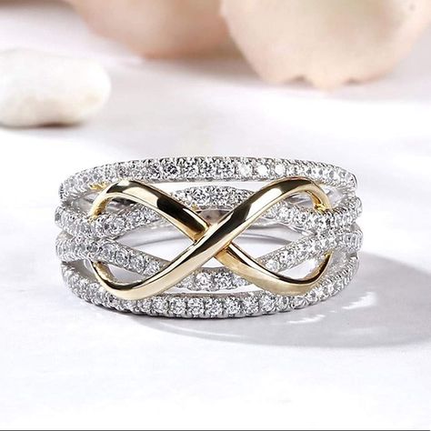 Gorgeous Two Tone Sparkling Infinity Wrap Ring That Symbolizes Everlasting Eternal Love. Nwot * 1 Carat Shimmering Simulated Diamonds * 18k Gold Infinity Symbol * 18k White Gold And Platinum Dipped * Hallmark Stamped Fine 925 Sterling Silver Measurements Are Approximate. Band Width: .43 In (11mm) Gold Infinity Ring, Infinity Knot Ring, Infinity Rings, Moissanite Diamond Rings, Infinity Ring, Knot Ring, Anniversary Gifts For Wife, Proposal Ring, Cz Diamond