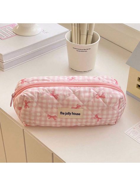 Large Capacity Candy Colored Checkered Bow-Knot Stationery Pouch For Study Tools StorageI discovered amazing products on SHEIN.com, come check them out! Preppy Pencil Pouch, Pencil Case Aesthetic, Studio Rosa, Diy Stationery Organizer, Stationery Pouch, Backpack Accessories, School Pencils, Rose Bonbon, Color Caramelo