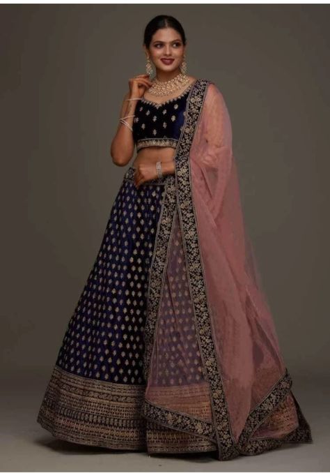 Navy Blue Wedding Lehenga, Navy Blue Blouse Designs For Lehenga, Blue Lehenga Contrast Blouse, Navy Blue Lehenga Color Combinations, Blue Satin Lehenga, Blue Wedding Lehenga, Bridal Choli, Lehenga Purple, Blue Contrast Color