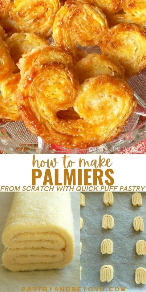 Palmier Pastry-You can learn how to make French palmiers from scratch with quick puff pastry. This delicious sugar palmier pastry is so easy to make with simple ingredients! This recipe is perfect for holiday baking; it should be on your Christmas cookie exchange list! Palmier Recipe, French Palmiers, Quick Puff Pastry, Palmiers Recipe, Puff Pastry Recipes Dessert, Beignet Recipe, Pastries Recipes Dessert, Puff Pastry Recipe, Puff Pastry Desserts