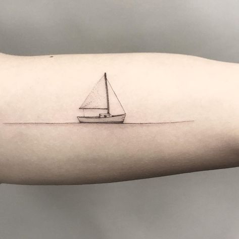 Sailboat Tattoo Simple, Smiley Tattoo, Sailing Tattoo, Sailboat Tattoo, Boat Tattoo, Living On A Boat, Ocean Tattoos, Ship Tattoo, Small Tattoos For Guys