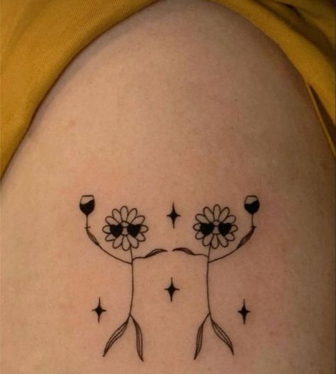 Sunflower Tattoo Matching, Dancing Tattoo Small, Dancing Flowers Tattoo, Matching Sunflower Tattoos, Dancing Flower Tattoo, Sister Flower Tattoos, Sisters Tattoo Ideas For 2, Wine Tattoo Ideas, Couple Tats