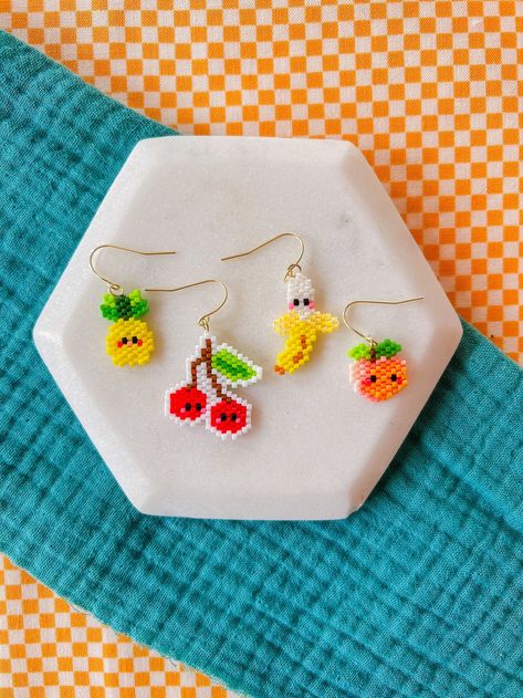 Fruity Cuties Fruit Earrings Happy Gift Cute Earrings Kawaii Earrings Hand Beaded Earrings Fruit Gift Fruit Jewelry - Etsy Canada Kawaii, Fruit Beaded Earrings, Beaded Fruit, Hand Beaded Earrings, Miyuki Beads Pattern, Earrings Kawaii, Fruit Gifts, Kawaii Earrings, Fruit Jewelry