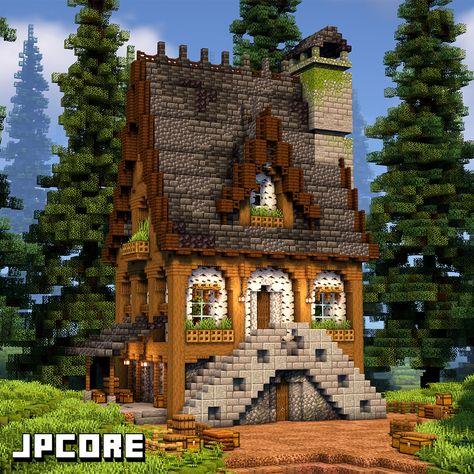 Medieval Spruce House Minecraft, Medival Minecraft Buildings, Small Medieval House Minecraft, Minecraft Fantasy House, Villa Minecraft, Minecraft Small House, Minecraft Medieval House, Minecraft Starter House, Minecraft Shops