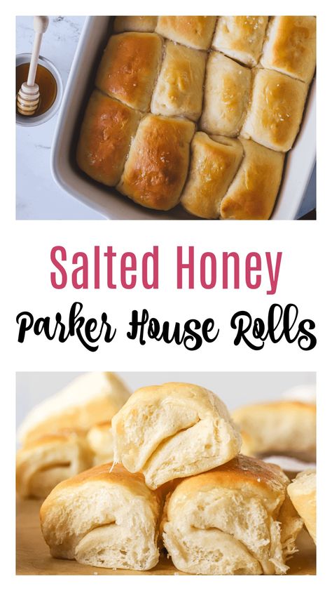 These salted honey Parker House rolls are perfect for Thanksgiving. This classic Parker House roll recipe gets a little bit of a twist when it's made with salted butter, honey and a honey butter is slathered over the top. These are so soft, and the best dinner rolls ever. Parker House Rolls Half Baked Harvest, Salted Honey Rolls, Honey Butter Yeast Rolls, Honey Parker House Rolls, Sweet Honey Bread Recipe, Parker House Dinner Rolls, Salted Honey Parker House Rolls, Salted Honey Butter Parker House Rolls, Honey Butter Parker House Rolls