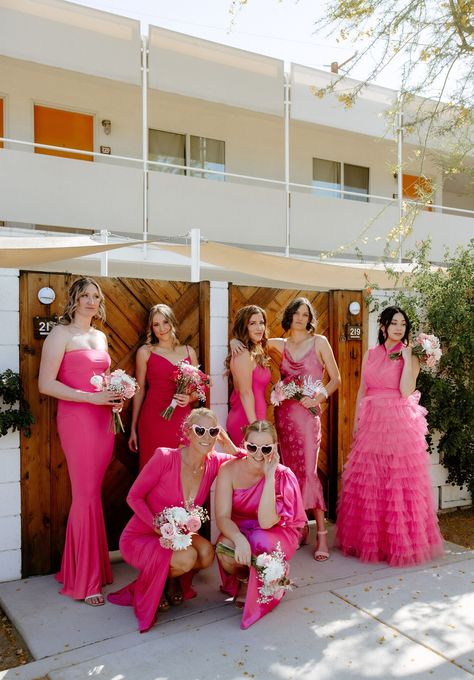 Hot Pink Bridesmaid Dresses Mismatched, Fushia Bridesmaid Dress, Different Bridesmaid Dresses Pink, Barbie Pink Bridesmaid Dresses, Barbie Core Wedding, Pink And Orange Bridesmaid Dresses, Pink Bridal Party Dresses, Hot Pink Wedding Theme, Pink Mismatched Bridesmaid Dresses