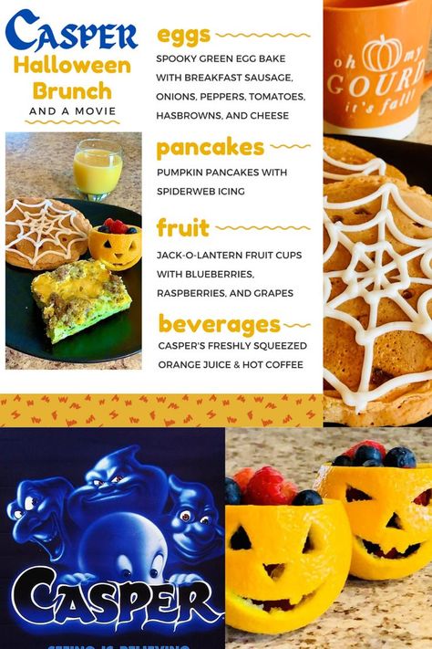 Halloween Brunch Menu Ideas, Casper Themed Dinner, Fall Movie Themed Dinner Ideas, Casper Food Ideas, Halloween Themed Dinner And Movie, Halloween Movie And Dinner Theme, Casper Themed Movie Night, Halloweentown Themed Dinner, Dinner And A Movie Halloween