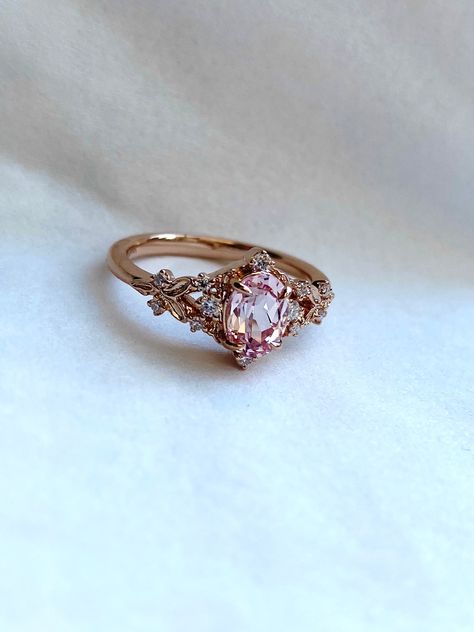 Pink Gold Wedding Ring, Light Pink Wedding Ring, Wedding Ring Colored Stone, Pink Saphire Engament Ring, Unique Pink Engagement Rings, No Diamond Engagement Ring, Enchanted Engagement Ring, Forest Engagement Ring, Filigree Ring Engagement