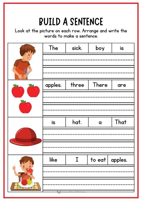 Look at the picture on each row. Arrange and write the words to make a sentence. Sentence Building Worksheets, Build A Sentence, Sentence Building Activities, Sentence Writing Activities, Making Sentences, Teach English Online, Sentence Activities, Reading Comprehension Kindergarten, Three Letter Words