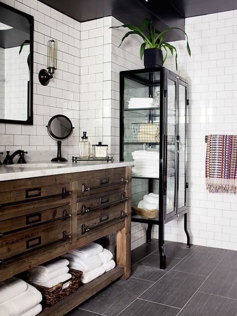 25+ Masculine Bathroom Ideas & Inspirations | Man of Many Masculine Bathroom Design, Masculine Bathroom, Mens Bathroom, Modern Bathroom Cabinets, Bathroom Design Trends, Industrial Bathroom, Modern Farmhouse Bathroom, Brick Walls, Bathroom Trends