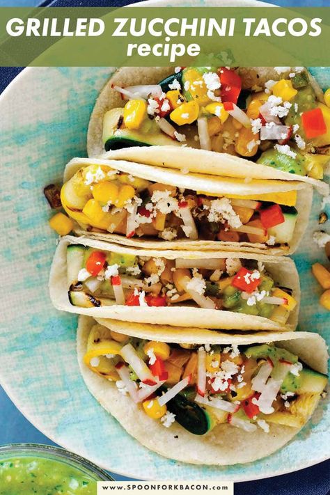 Zucchini Tacos, Vegetarian Tacos Recipes, Corn Succotash, Vegetable Tacos, Roasted Tomatillo Salsa, Roasted Tomatillo, Spoon Fork Bacon, Veggie Tacos, Salsa Ingredients