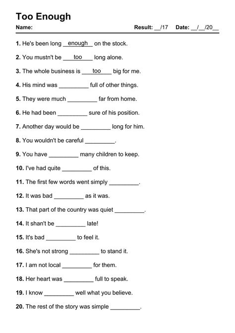 Too Enough - Test 1 Too Enough Grammar, Too And Enough Worksheet, Grammar Exercise, English Grammar Pdf, Practice English, Teaching English Grammar, English Grammar Worksheets, English Test, Learn English Grammar