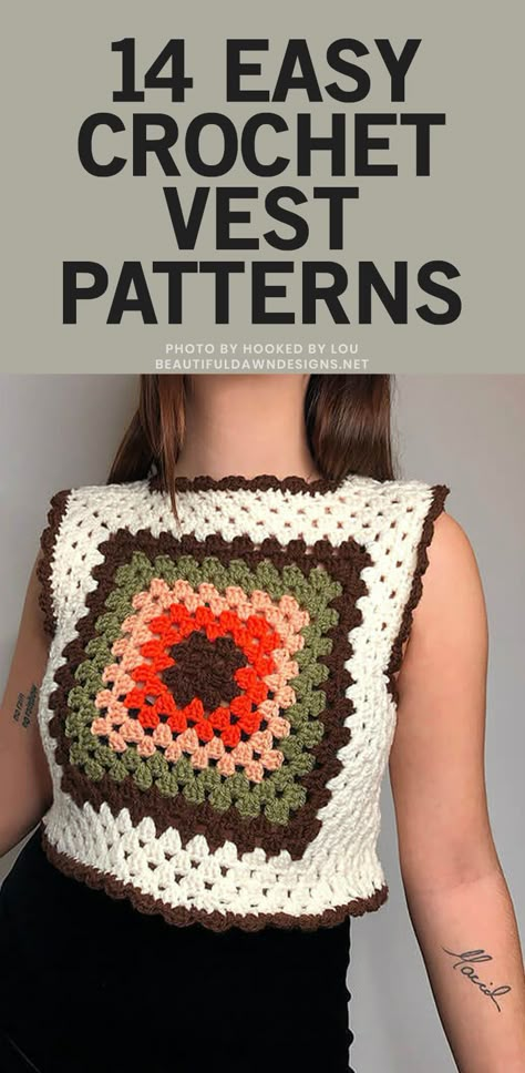 If you're looking for easy crochet vest patterns, I've got you covered. I'm sharing 14 beautiful crochet vest patterns for beginners. This 70s granny square sweater vest is perfect if you're looking for a stylish and simple project. Granny Vest Crochet Pattern, 70s Crochet Granny Square Vest, 70s Granny Square Vest, Crochet Vest Granny Square Pattern, How To Style Crochet Vest, Free Granny Squares Crochet Pattern, Crochet Granny Square Vest Pattern Free Easy, Crochet Sweater Vest Ideas, Granny Square Vest Layout