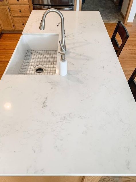 Noble White Quartz countertops. White With Grey Veins Quartz, White Quartz With Grey Veining, Light Quartz Countertops, Minimalist Small Bathrooms, White Quartz Countertops, Replacing Kitchen Countertops, White Quartz Counter, Quartzite Countertops, White Quartz Countertop