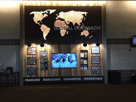 Missions Wall Church, Church Missions Wall Display, Missions Wall, Campus Signage, World Map Stencil, Church Signage, Church Lobby Design, Missions Conference, Church Foyer