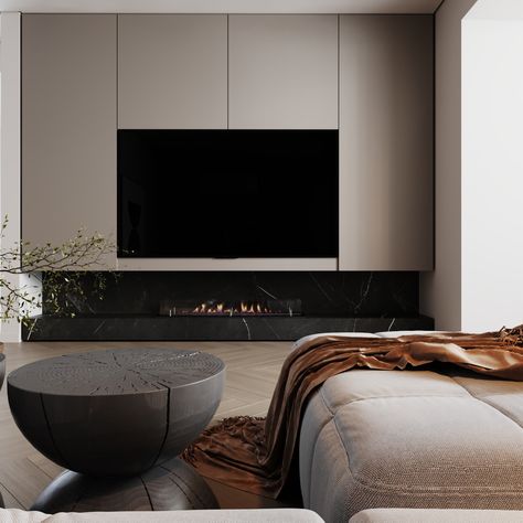 WMY23 :: Behance Grey Living Room Tv Wall, Tv Wall Fireplace Modern, Tv Wall Fireplace, Modern Minimal Living Room, Modern Living Room Black, Living Room Minimal, Luxury Tv Wall, Fireplace And Tv, Organic Modern Living Room