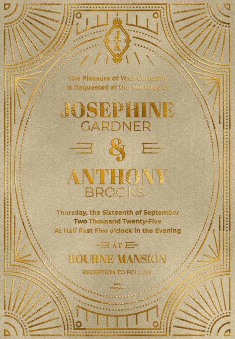 gold foil elegant art deco frame and fonts on cream velvet invitation Art Deco Invite, Fancy Invitation Design, Fancy Invitation Card, Classy Invitation Design, Formal Event Invitation, Fancy Invitations, Art Deco Invitation, Elegant Invitation Design, Gold Graphic Design