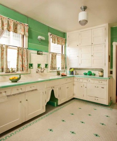 Restored 1910 kitchen ...the tile floor dates to the 1930 renovation; cabinets are likely original. Nancy Conescu added the arched doors. Glossy green Marlite on the walls is ca. 1951. 1910 Kitchen, Green And White Decor, 1920s Kitchen, 1930s Kitchen, Art Deco Kitchen, Kitchen Retro, Future Kitchen, Interior Vintage, Tile Countertops