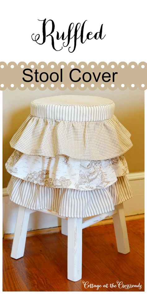 Cutest little ruffled stool cover available for purchase in the Shop at the Crossroads Sewing Rooms, Cottage Dining Rooms, Sewing Furniture, Stool Covers, Diy Furniture Easy, Shabby Chic Farmhouse, The Crossroads, Cover Ideas, Redo Furniture