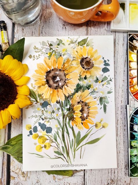 Watercolour Sunflowers Watercolor Painting, Sunflower Drawing Watercolor, Daisy Watercolor Painting, Sunflower Painting Acrylic, Watercolor Art Flowers, Watercolour Sunflower, A4 Painting, Sunflowers Watercolor, Sunflower Watercolor Painting