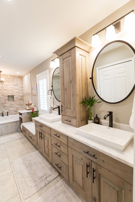 Treasure Island Bathroom Natural Inspired Bathroom, Natural Wood Bathroom Vanities, Bathroom Sink Inspiration, Light Wood Cabinets Bathroom, Modern Hall Bathroom, Cabinet Between Mirrors In Bathroom, 24x12 Tile Pattern, New Home Color Palette, Bathroom Design Modern Farmhouse