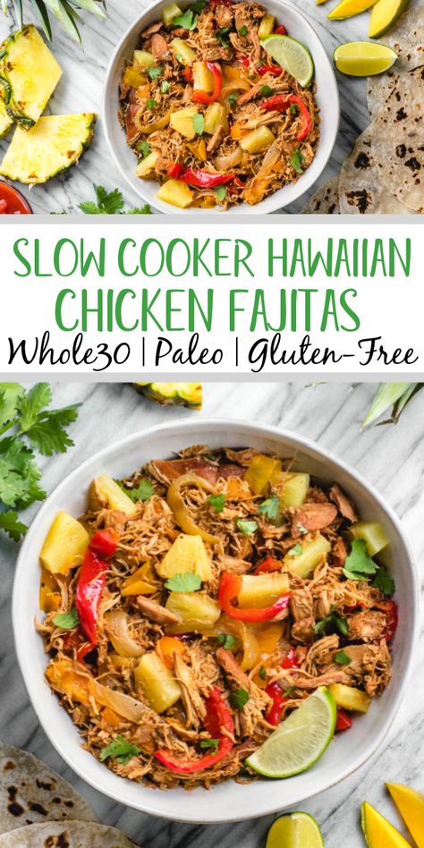 This easy Whole30 slow cooker Hawaiian chicken fajitas recipe is perfect for an easy family-friendly weeknight meal. It's a simple set it and forget crockpot meal that's also paleo, gluten-free and dairy-free. The tender, fall apart chicken thighs and vegetables can be served in wraps, as a salad over greens, or as part of a taco bar! #whole30chicken #whole30slowcooker #whole30fajitas #chickenfajitas Autoimmune Paleo Crockpot Recipes, Slow Cooker Chicken Recipes Non Dairy, Chicken Thigh Fajitas Crockpot, Best Paleo Crockpot Recipes, Paleo Chicken Slow Cooker Recipes, Whole 30 Hawaiian Recipes, Whole 30 Fall Crockpot Recipes, Family Crockpot Meals Dairy Free, Chicken Fajita Slow Cooker