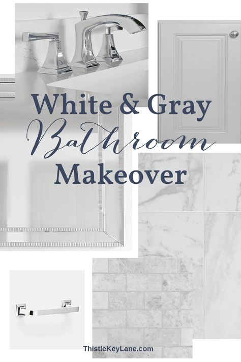 White And Gray Bathroom Makeover - Consider these ideas for a spa inspired bathroom including tile, paint, cabinets, countertops and more. Inspiration Bathroom Collage. Bathroom Mood Board. Gray Bathroom Countertop, Spa Bathroom Tile, Collage Bathroom, Bathroom Collage, White And Gray Bathroom, Grey Bathroom Paint, Grey Marble Bathroom, Bathroom Mood Board, Half Wall Shower