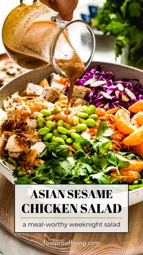 Asian Sesame Chicken Salad in a bowl with sauce. Asian Sesame Chicken Salad, Sesame Chicken Salad Recipe, Asian Sesame Chicken, Green Salad With Chicken, Sesame Chicken Salad, Asian Cabbage Salad, Asian Salad Recipe, Warm Salad Recipes, Chicken Dressing