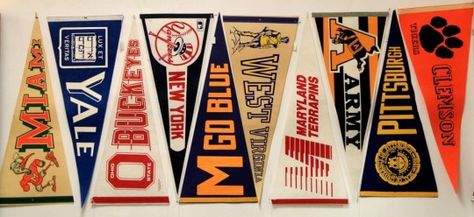 Vintage College Pennants - could be redesigned to evoke college teams, but be beer specific. Vintage College Pennants, Vintage College Aesthetic, School Pennant, Vintage Pennants, College Pennants, Common App, Trophy Shop, Time Saving Tips, College Flags