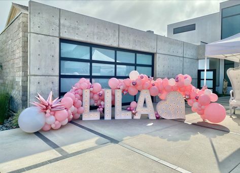 Pink Organic Style Balloon Garland with Light Up Marquee Letters Light Up Letters With Balloons, Marquee Balloons, Marquee Letters With Balloons, Birthday Marquee, Light Up Marquee Letters, Texas Party, Sofia The First Birthday Party, Rose Gold Wedding Cakes, Birthday Lights