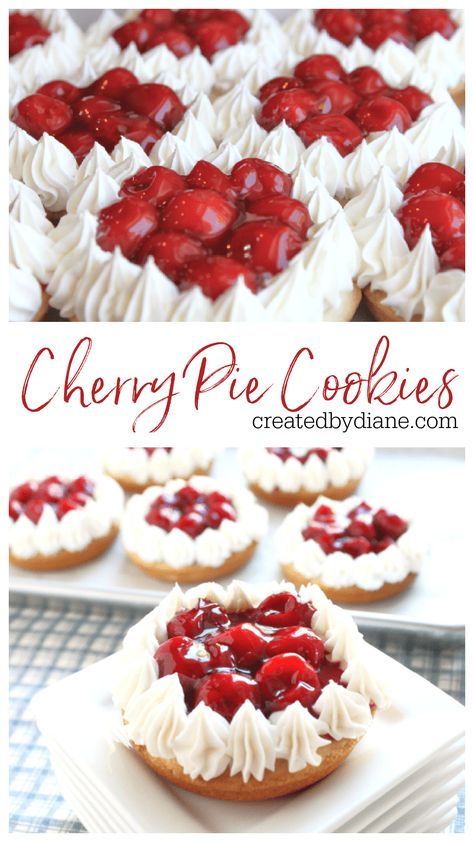 Fresh baked deep dish sugar cookies topped with buttercream frosting and cherry pie filling make these cookies a new favorite! Muffin Top Recipes, Cherry Pie Cookies, Deep Dish Cookie, Crumble Cookie Recipe, Cookie Bowls, Pie Cookies, Cherry Desserts, Fruit Toppings, Gourmet Cookies