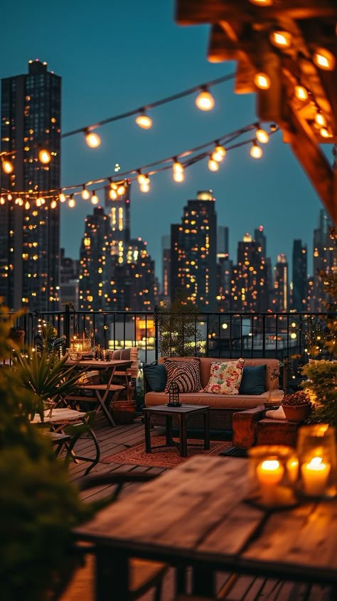 Rooftop terrace with string lights and city views, ideal for evening relaxation in an urban setting. Rooftop Vibes, London Rooftop Bar, Rooftop City, Urban Rooftop, Restaurant Exterior Design, Cozy Seating Area, Restaurant Exterior, Modern Exterior House, Rooftop Party