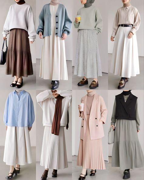 Modest Outfits With Hijab, Outfit Kuliah Rok, Hijab Capsule Wardrobe, Modest Skirt Outfits Muslim, Outfit Dress Hijab, Muslimah Outfit Ideas, Outfit Kampus Hijab, Dres Hijab, Hijab Outfit Style