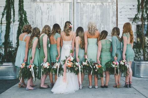 Shades Of Green Wedding, Orange Wedding Colors, Fall Wedding Bridesmaids, Bridesmaid Dress Color, Green Wedding Cake, Green Wedding Inspiration, Fall Wedding Photos, Floral Bridesmaid Dresses, Green Themed Wedding