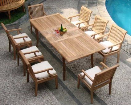 Grade-A Teak Wood Luxurious Dining Set Collections: 9 pc - 94" Double Extension Rectangle Table and 8 Sack Arm / Captain Chairs Teak Patio Table, Small Patio Furniture, Teak Garden Furniture, Teak Patio Furniture, Beachfront Decor, Outdoor Patio Table, Teak Outdoor Furniture, Backyard Furniture, Table Umbrella