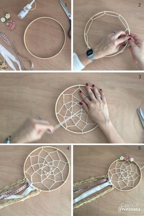 Cómo hacer un atrapasueños Make A Dream Catcher, Atrapasueños Diy, Diy Dream Catcher Tutorial, Dream Catcher Tutorial, Dream Catcher Patterns, Crochet Dreamcatcher, Dream Catcher Craft, Dream Catcher Diy, Coron