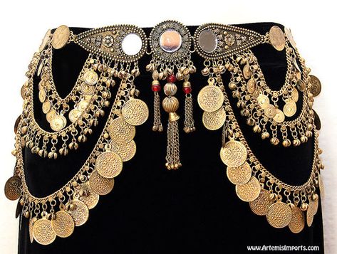 Belly Dance / Tribal Coin Belt With Binty Bells, Coins & Mirror Medallion - Gold Tone Make Your Own Costume, Belly Dance Bra, Dance Bra, Coin Belt, Dance Bras, Cross Belt, Belly Dance Belt, Dancer Wear, Harem Pant