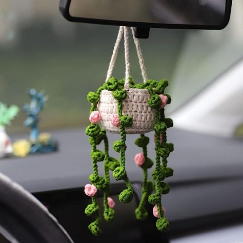 Car Mirror Hanging Accessories, Car Hanging Accessories, Car Mirror Hanging, Crochet Car, Crochet Mignon, Car Hangers, Rear View Mirror Accessories, Handmade Plant, Mirror Hanging