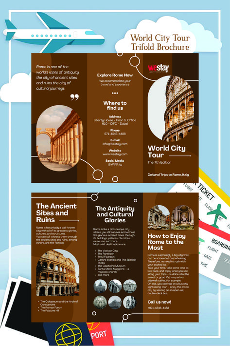 World-Class Brochure Design # 3 for WeStay by @IamAaliJah - Elevate Your Luxury Travel Brand Today! Travel Brochure Trifold, Brochure Design Ideas For School Project, Travel Brochure Design Layout, Trifold Brochure Ideas, Brochure Ideas For School Project, Broucher Ideas Design, Trifold Brochure Design Creative, Brochure Design Travel, Travel Brochure Ideas