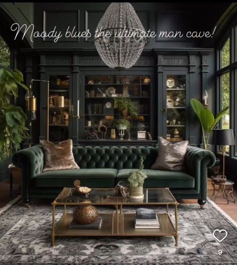 Moody European Interiors, Moody Inspiration, Dark Green Couches, Dark Academia Living Room, Green Living Room Ideas, Green Couch Living Room, Dark Green Living Room, Moody Living Room, Boston Apartment