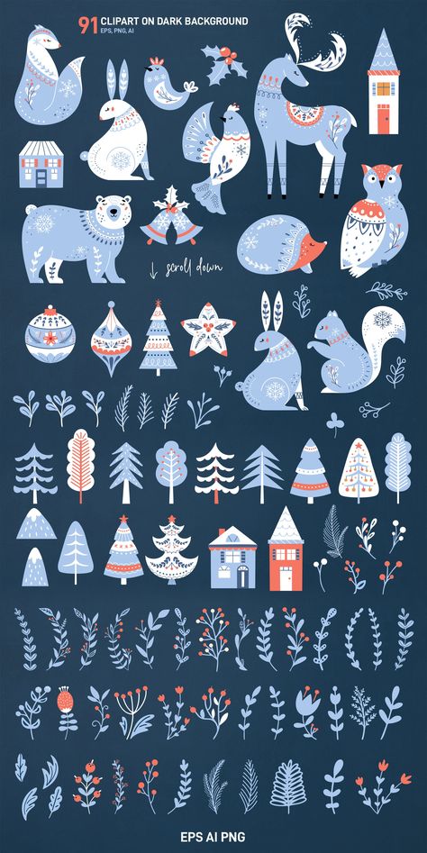 Scandinavian Christmas Nordic winter by Picsela on @creativemarket How To Draw Scandinavian Folk Art, Scandinavian Christmas Painting, Nordic Christmas Design, Scandinavian Animals Illustration, Scandinavian Christmas Folk Art, Scandi Christmas Illustration, Winter Pattern Design, Nordic Christmas Pattern, Nordic Christmas Diy